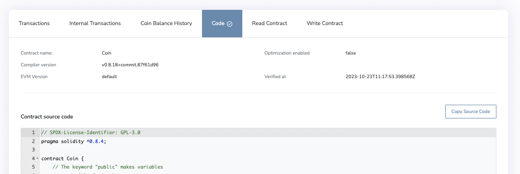 Verified coin contract on the chain explorer